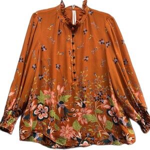 Anthropologie Blouse Womens XS Rust Floral Ruffle Neck Long Sleeve Boho Modest